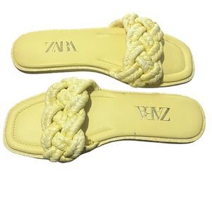 Zara Yellow Woven Raffia Flat Sandals | Slides | Boho | 7.5
